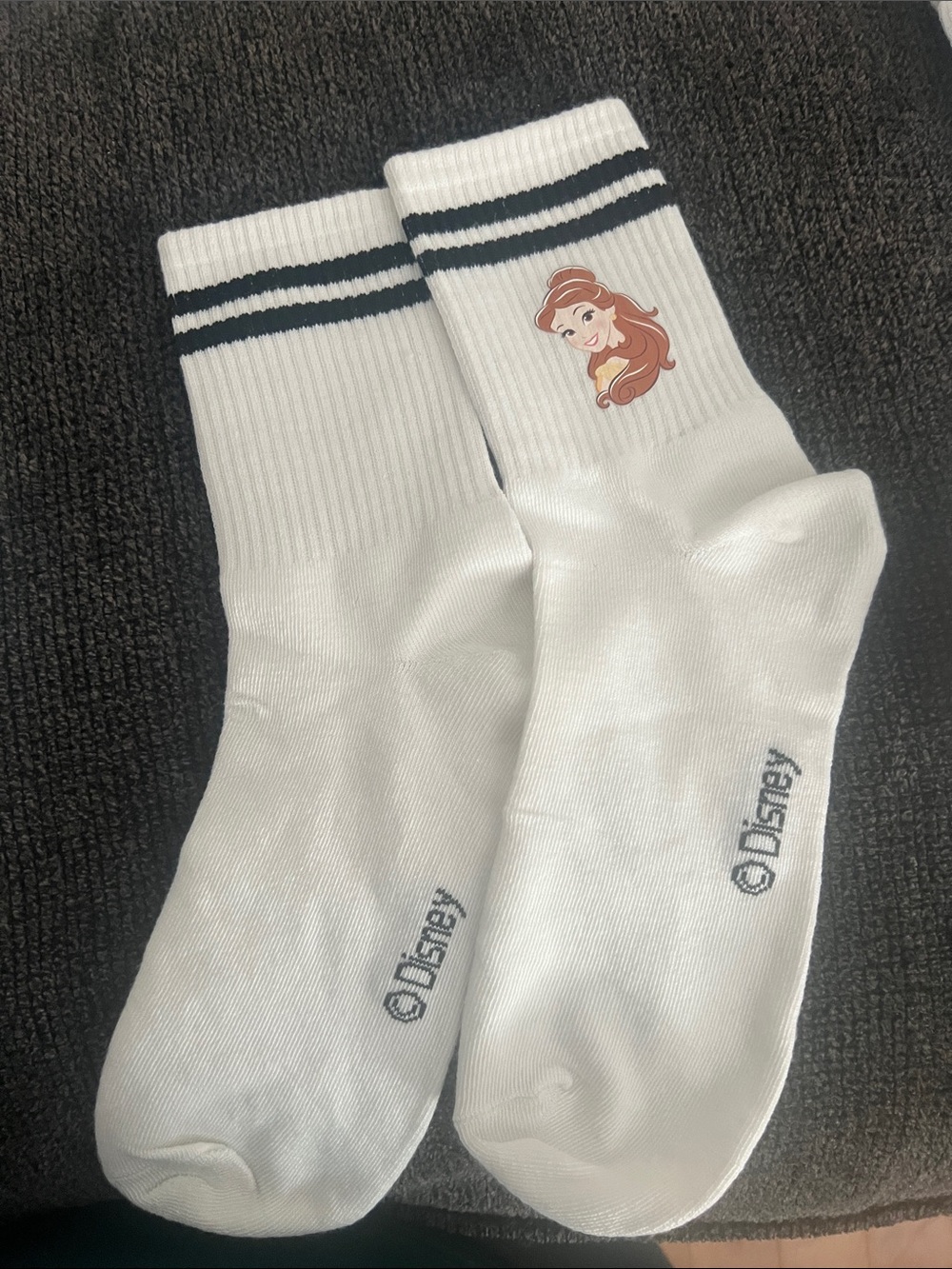 Disney White Crew Socks with Belle Portrait and Black Stripes